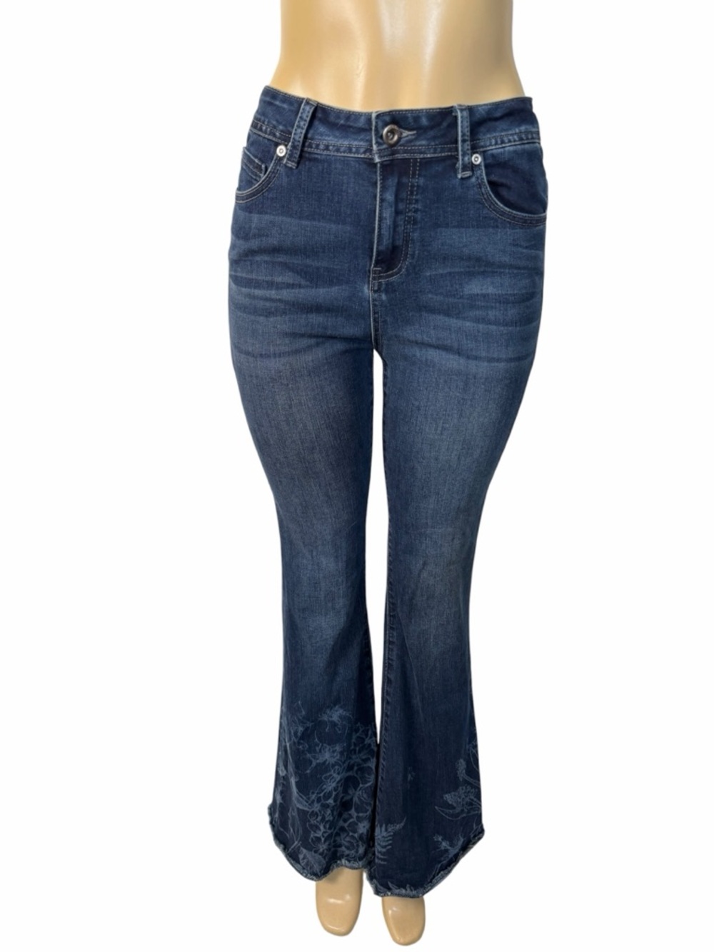 High waisted Bell Bottom floral embellished raw hem women’s Jeans 28